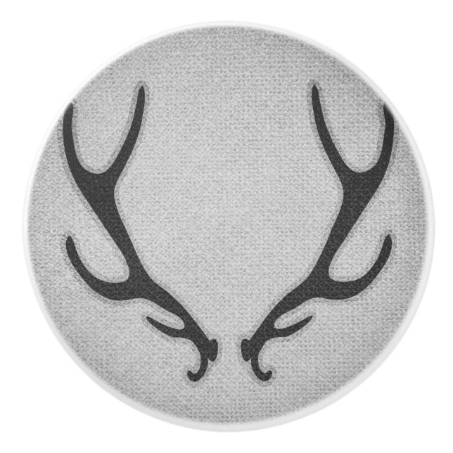 Rustic Deer Antlers Grey Faux Burlap Texture Ceramic Knob (Front)