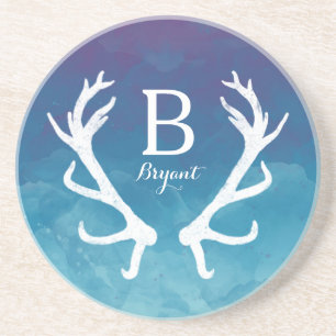 Rustic Deer Antlers Monogram Blue Watercolor Coaster