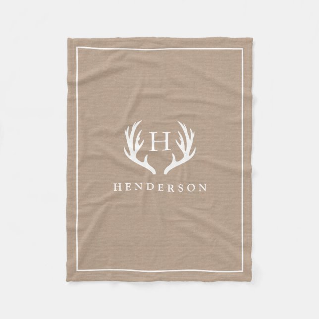 Rustic Deer Antlers Monogram Burlap Fleece Blanket (Front)