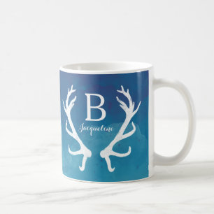 Rustic Deer Antlers Monogram Watercolor Blue Coffee Mug
