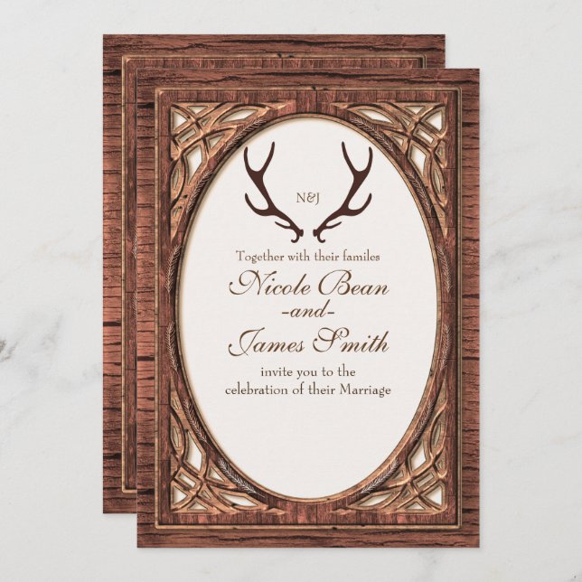 Rustic Deer Antlers Two Tone Wood Look Invitation (Front/Back)
