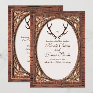 Rustic Deer Antlers Two Tone Wood Look Invitation