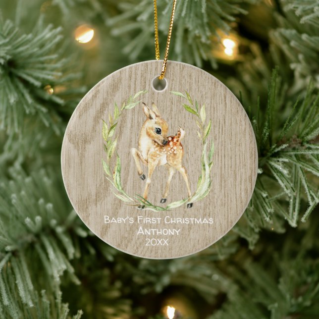Rustic Deer Babys First Christmas Ceramic Ornament (Tree)