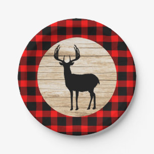 Rustic Deer Buck Buffalo Plaid Paper Plate