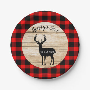 Rustic Deer Buck Buffalo Plaid Paper Plates