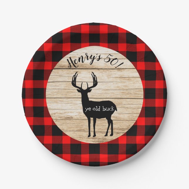 Rustic Deer Buck Buffalo Plaid Paper Plates (Front)