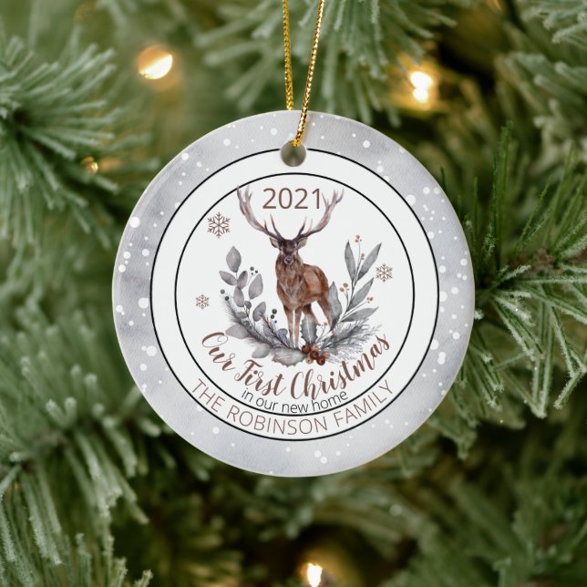 Rustic Deer Buck Our First Christmas Family  Ceramic Ornament (Tree)