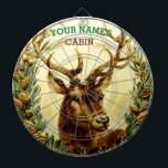 Rustic Deer Cabin Personalized Dartboard<br><div class="desc">This rustic country dartboard is perfect for adding a personalized touch to your cabin, lodge or home that features nature / animal decor. It shows a vintage image of a buck deer / reindeer with large antlers, recolored to add brightness and clarity, nestled between pine tree boughs. Add your name...</div>