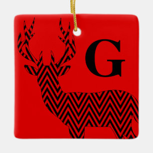 Rustic Deer Chevron Monogram   red black Ceramic Ornament