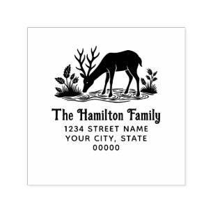 Rustic Deer Drinking Water Family Name Address SQ Self-inking Stamp