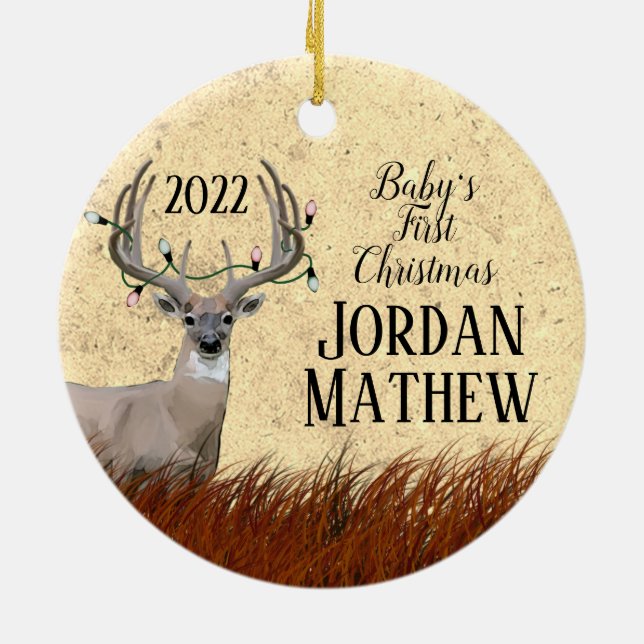 Rustic Deer First Christmas  Ceramic Ornament (Back)