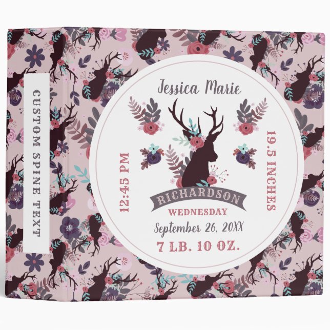 Rustic Deer Head Baby Book Girls Birth Stats Album Binder (Front/Spine)