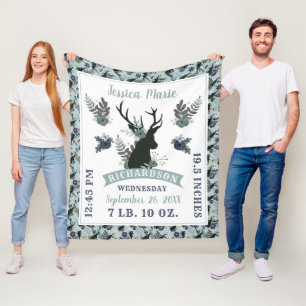 Rustic Deer Head Blue Baby Girl Birth Record Stats Fleece Blanket
