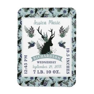 Rustic Deer Head Blue Baby Girl Birth Record Stats Magnet