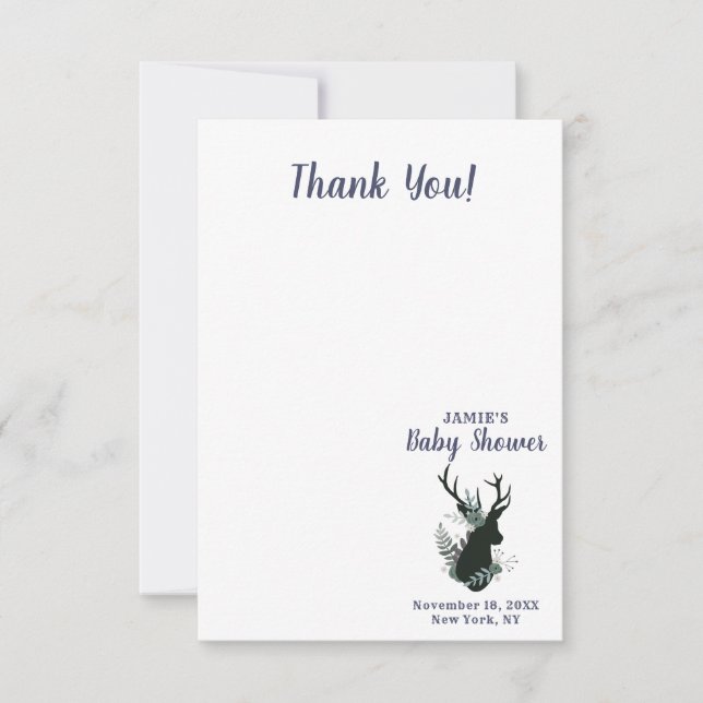 Rustic Deer Head Blue Floral Baby Girl Thank You Card (Front)
