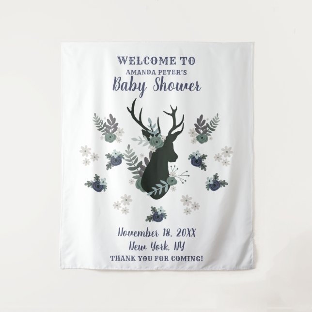 Rustic Deer Head Blue Floral Baby Shower Welcome Tapestry (Front)