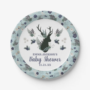 Rustic Deer Head Blue Floral Girl Baby Shower Paper Plate