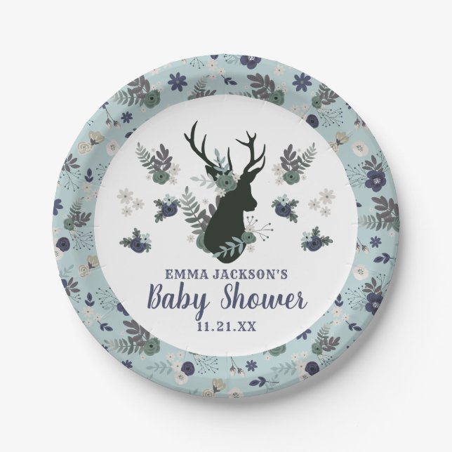 Rustic Deer Head Blue Floral Girl Baby Shower Paper Plate (Front)
