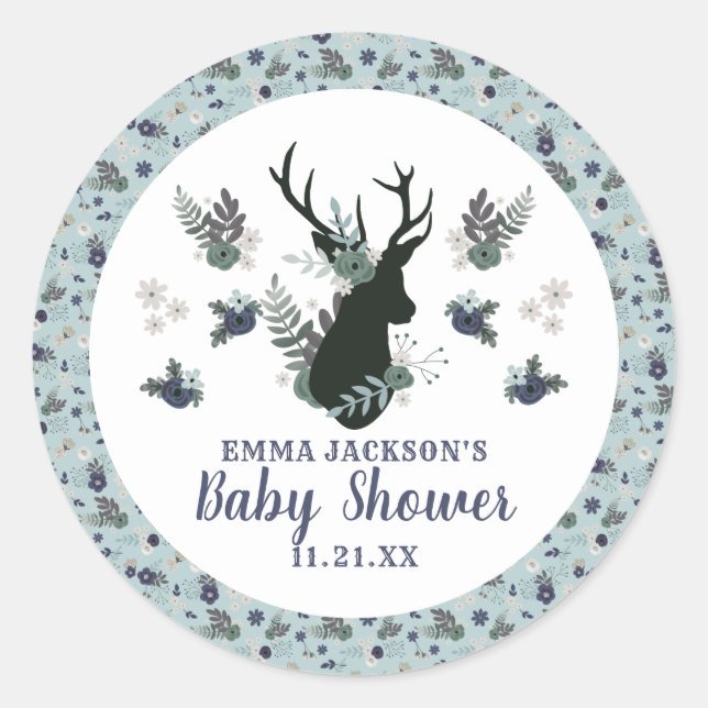 Rustic Deer Head Blue Floral Modern Baby Shower Classic Round Sticker (Front)