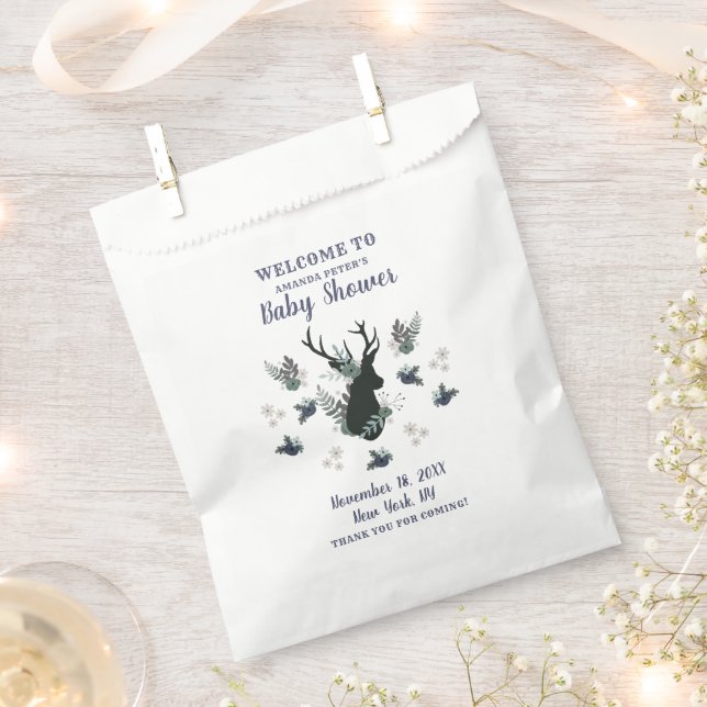 Rustic Deer Head Blue Floral Modern Baby Shower Favour Bag (Clipped)