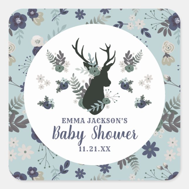 Rustic Deer Head Blue Floral Modern Baby Shower Square Sticker (Front)