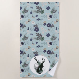 Rustic Deer Head Blue Floral Monogram Initial Beach Towel