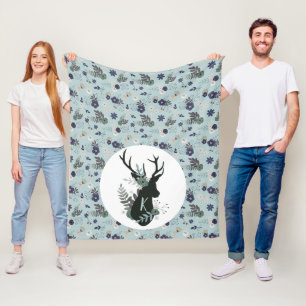 Rustic Deer Head Blue Floral Monogram Initial Fleece Blanket