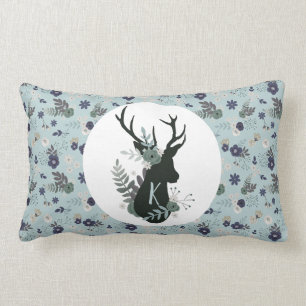Rustic Deer Head Blue Floral Monogram Initial Lumbar Pillow