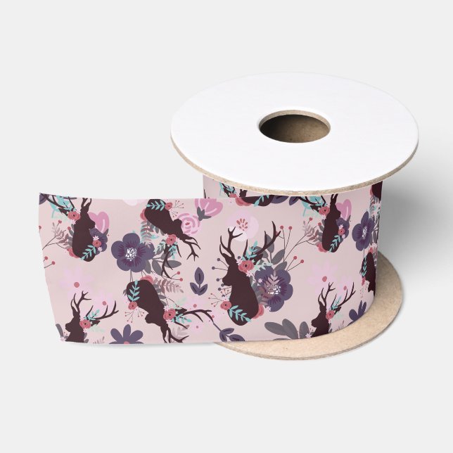 Rustic Deer Head Mauve Floral Baby Girl Shower Satin Ribbon (Spool)