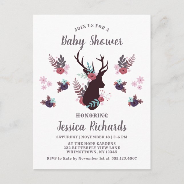 Rustic Deer Head Mauve Floral Girl Baby Shower Invitation Postcard (Front)