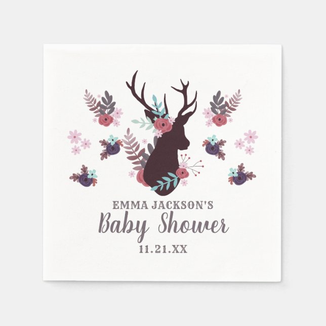 Rustic Deer Head Mauve Floral Girl Baby Shower Napkin (Front)