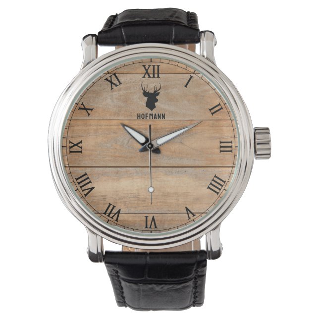Rustic Deer Head Natural Wood Personalized Name Watch (Front)