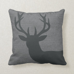 Rustic Deer Head Silhouette on Burlap   grey Throw Pillow