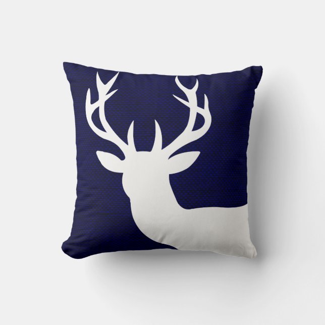 Rustic Deer Head Silhouette on Burlap | navy white Throw Pillow (Front)
