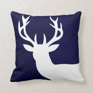 Rustic Deer Head Silhouette on Burlap   navy white Throw Pillow