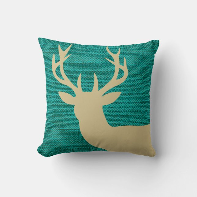 Rustic Deer Head Silhouette on Burlap | turquoise Throw Pillow (Front)