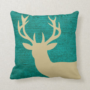 Rustic Deer Head Silhouette on Burlap   turquoise Throw Pillow