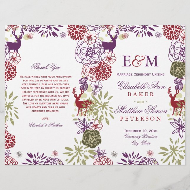 Rustic Deer Holiday Floral Wedding Programme (Devant)