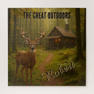 Rustic Deer Hunting Cabin Forest Signature Name Jigsaw Puzzle