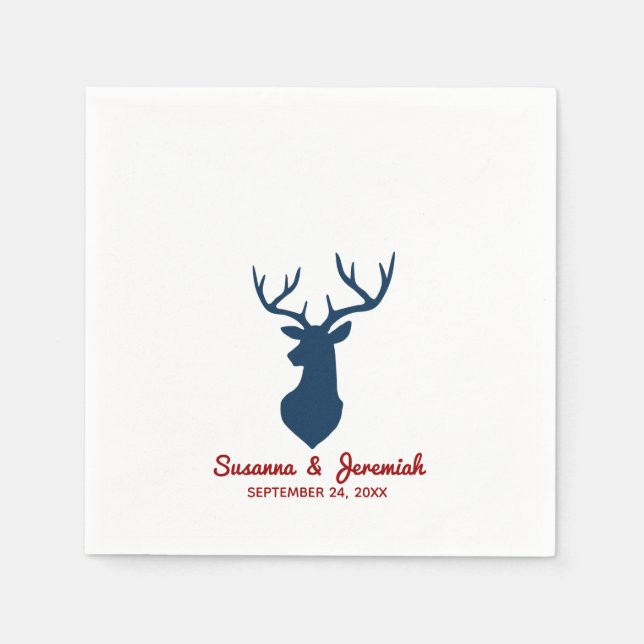 Rustic Deer in Blue and Red Wedding Reception Napkin (Front)