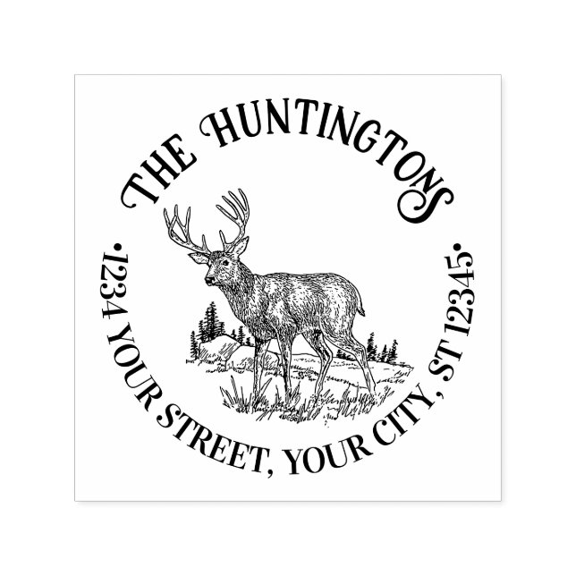 Rustic Deer in Wild Round Family Name Ret Address Self-inking Stamp (Design)
