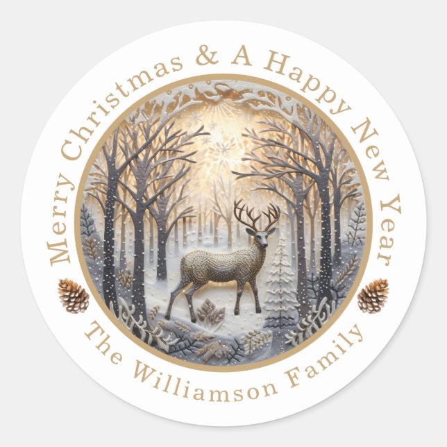Rustic Deer Merry Christmas Custom Classic Round Sticker (Front)
