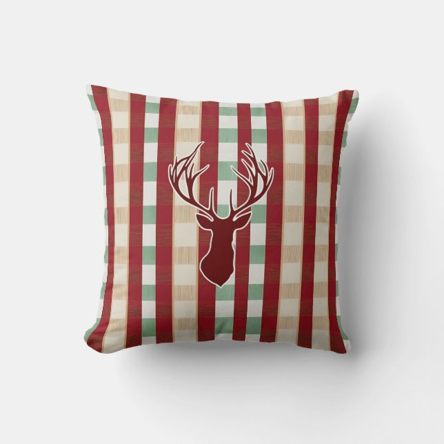 Rustic Deer Plaid Christmas Pattern Throw Pillow (Front)