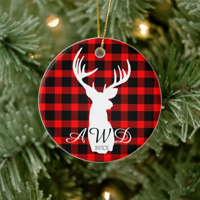 Rustic Deer Red Buffalo Plaid Ceramic Ornament (Tree)