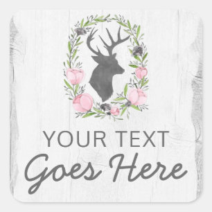 Rustic Deer Silhouette Floral Wreath Cameo on Wood Square Sticker