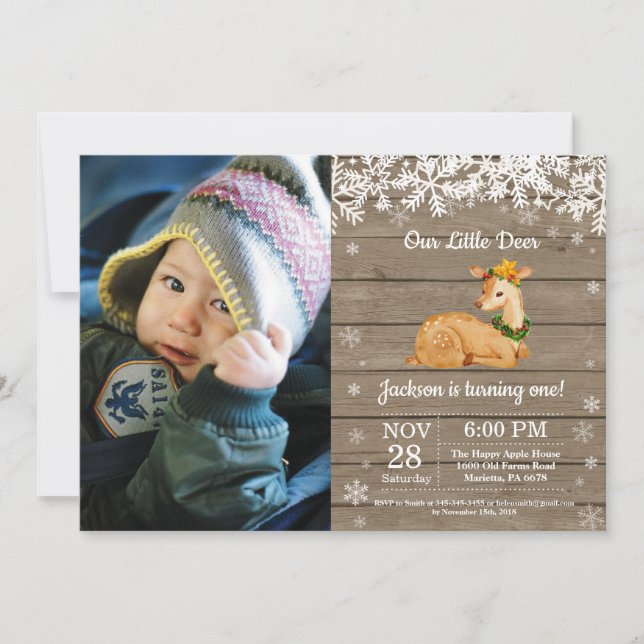 Rustic Deer Winter Boy Birthday Photo Invitation (Front)