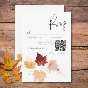 Rustic Delicate Burgundy Rust Fall Leaves QR Code RSVP Card