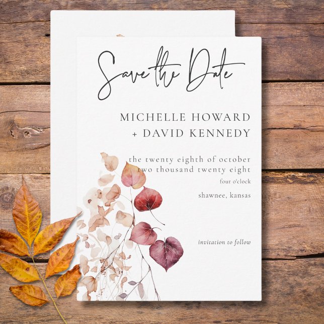 Rustic Delicate Burgundy & Rust Fall Leaves Save The Date (Rustic Delicate Burgundy & Rust Fall Leaves Save The Date)
