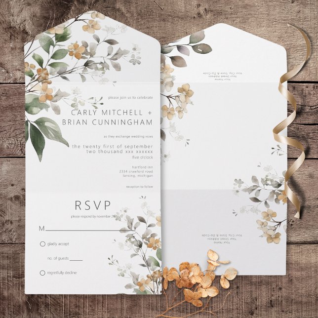 Rustic Delicate Tan Fall Wildflowers No Dinner All In One Invitation (Rustic Delicate Tan Fall Wildflowers All In One Wedding Invitation without Dinner Options)