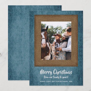 Rustic Denim and Brown Damask Christmas Photo Holiday Card